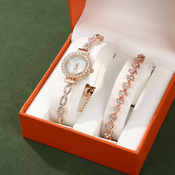 Fashion Diamond Ladies Watch Female Quartz Watch Adjustable Bracelet Watch Two-Piece Bracelet Set Gift Box Women's Watch-image