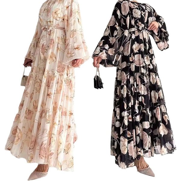 Women's Clothing Muslim Women's Clothing New Chiffon Flower Print Long Fashionable And Elegant Dress-image