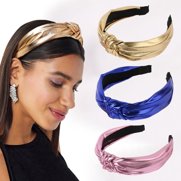 Pu Fabric Headband Wide-Edged Fashion Laser Knotted Headband Wash Your Face And Go Out Solid Color Headband-image