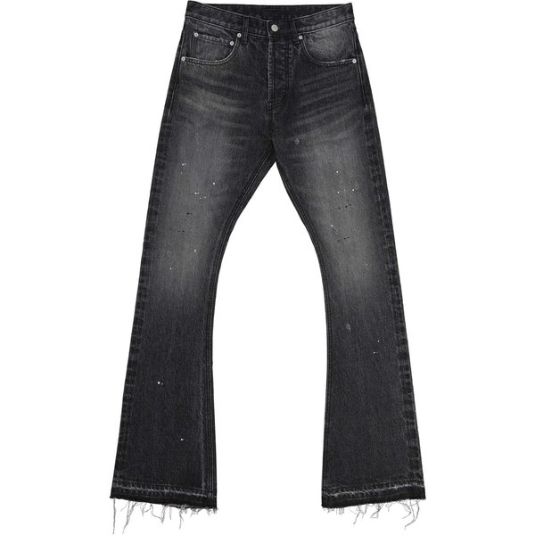 High Street Distressed Bootcut Jeans – Acid Wash Splatter Paint & Fringe Hem (S-3XL, Raw Edge Destroyed Denim, Unisex Streetwear)-image