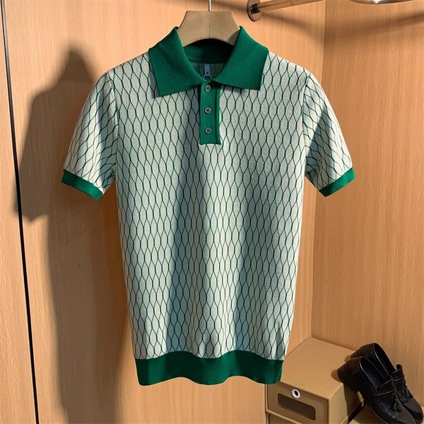 Men's Light Luxury Plaid Ice Silk Knitted Polo Shirt Short Sleeved Lapel Summer Slim Fit Breathable Casual T-Shirt-image