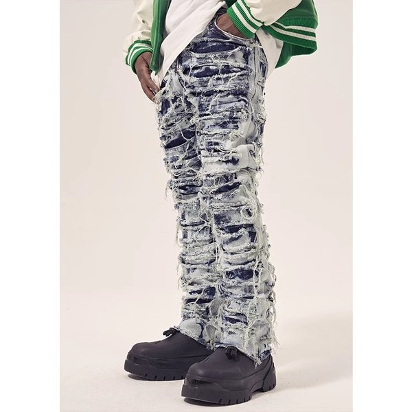 Men's High Street Retro Destruction Scratched Horizontal Washing Old Fashion Brand Beggar Hiphop Slim Stretch Denim Trousers