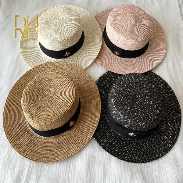 Fashion Sequins Sunscreen Paper Straw Hat Spring Summer British Flat Top Panama Sunshade Golden Bee Beach Hat-image