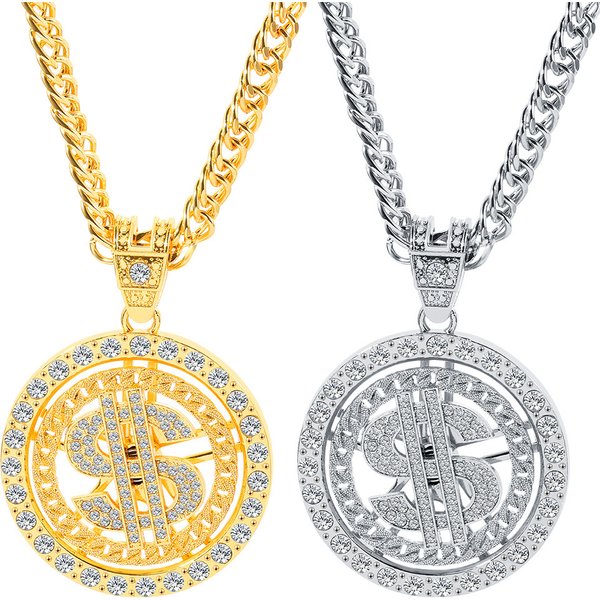 Hot selling US dollar necklace hip hop personality trend necklace, diamond studded US dollar rotating pendant necklace