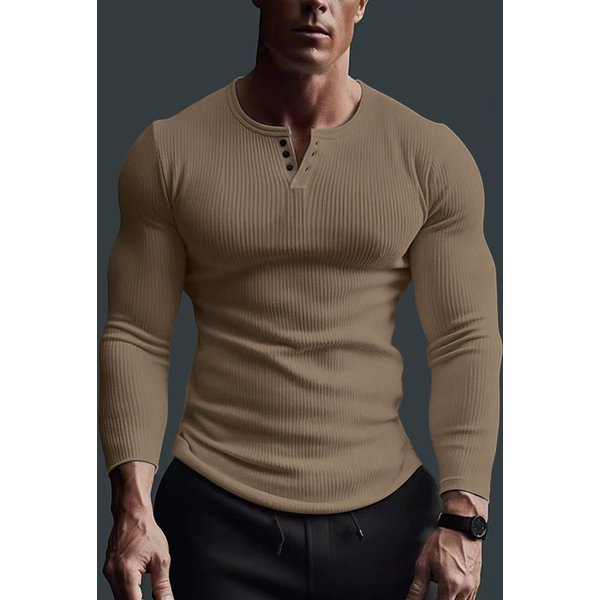 Men's Clothing Men's Long Sleeved Tops Fitness High Elastic Bottoming Shirt Men's Buttoned V Neck Solid Color Large Size Casual T Shirt-image