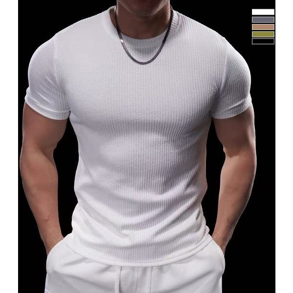 Men's Clothing Sports T Shirt Fitness Clothes Short Sleeves Textured Cuffs Quick Drying Muscle Elastic Slim Fit Shirts-image