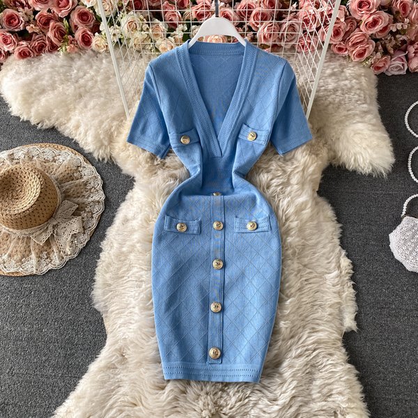 Women's Clothing Summer Clothing New Temperament French Waist Slimming Small Deep V Neck Hip Covering Knitted Dress Short Skirt-image