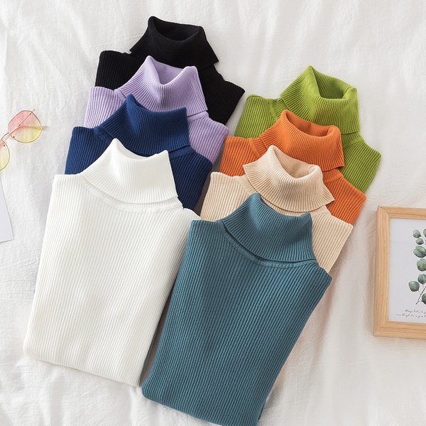 Women's Clothing long sleeved turtleneck bottoming shirt solid color Korean style pullover sweater (24 colors in stock) knitted bottoming sweater
