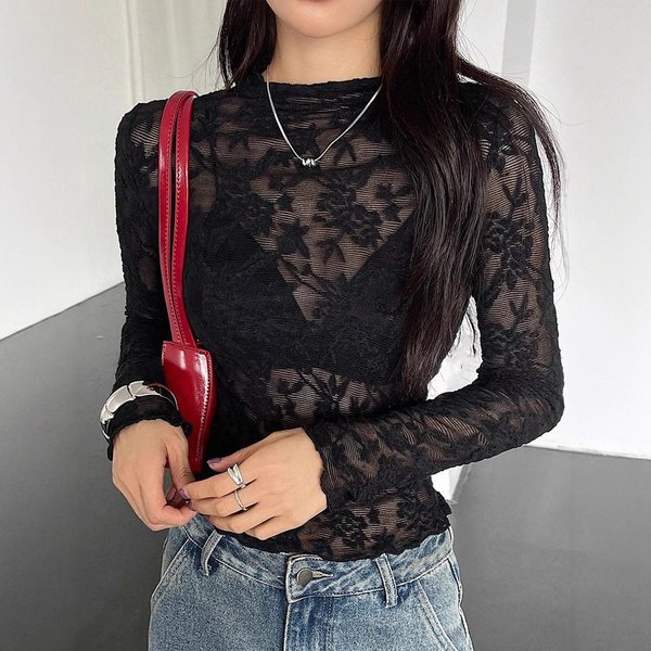 Women's Clothing New Women's Small Stand Up Collar Transparent Lace Tight Long Sleeved T Shirt Tops For Women-image
