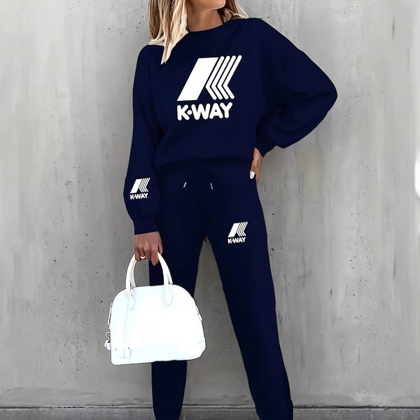 Women's Printed Two Piece Tracksuit, Long Sleeve Pullover Top And Drawstring Waist Pants, Casual Sportswear For Spring And Fall-image