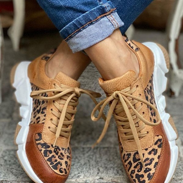 2026 New Thick Soled Round Toe Low Top Leopard Print Single Shoe Women, Spliced Lace Up Sneakers For Women