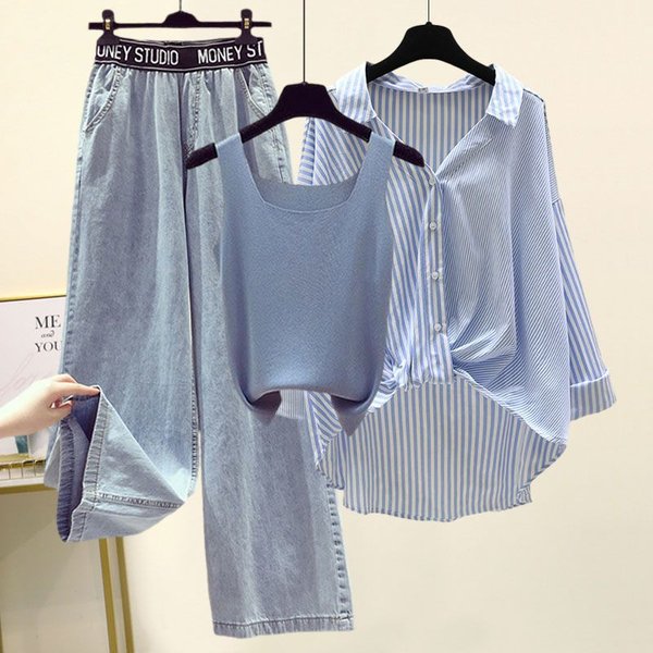 Women's Clothing Fat Girl Summer Suit Female Striped Shirt Small Suspenders Wide-Leg Jeans Three-Piece Suit-image