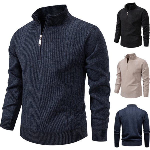 Men’S Half-Zip Sweater – Thickened Velvet Stand Collar Pullover (Black Gray/Beige/Blue Gray, M-4XL, Winter Warm)-image