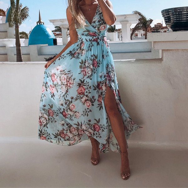Women's Clothing 2026 New Spring And Summer Print Chiffon Dress Sleeveless Vacation Beach Slit Long Skirt-image