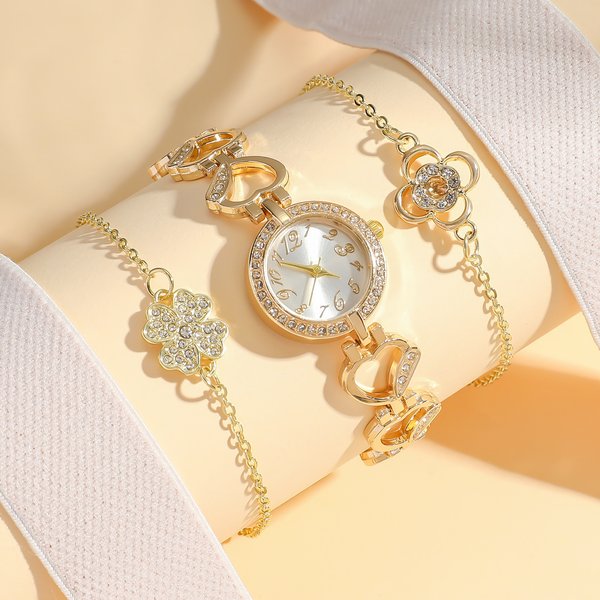 Fashion Heart-Shaped Diamond-Studded Hollow Watch Four-Leaf Clover Flower Bracelet Set-image