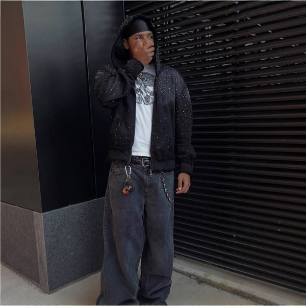 Men's Hip Hop Streetwear Hooded Zip-Up Sweatshirt With Star Rhinestone Embroidery, Loose Fit Pullover For Fall & Winter Fashion