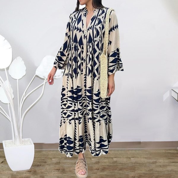 Women's long sleeve long skirt V-neck print dress