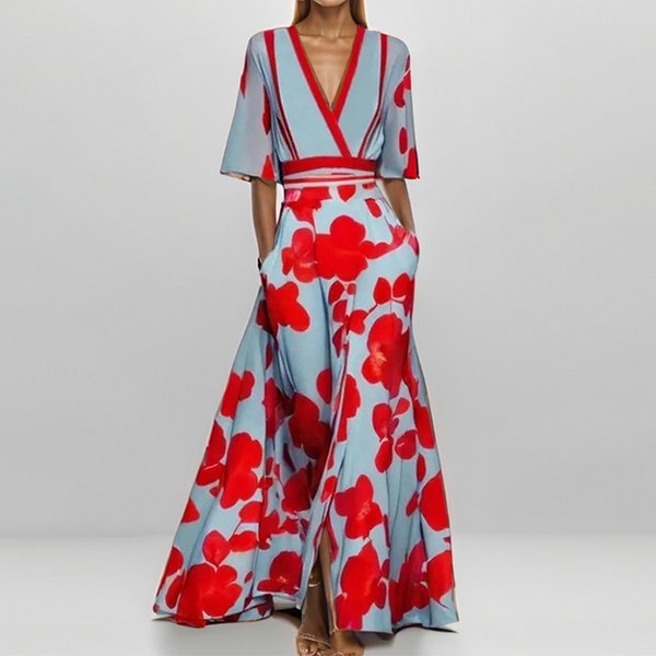 Women's Clothing Fashion Elegant Temperament V Neck Printed Pleated Large Skirt Long Dress