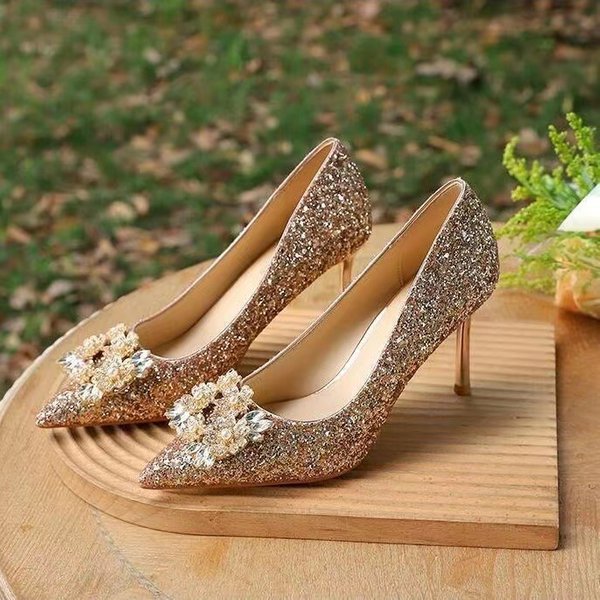 Women's Shoes Wedding Shoes Female Wedding Dress Two Wear Niche High Heels New Champagne Gold Non Tiring Crystal Single Shoes-image