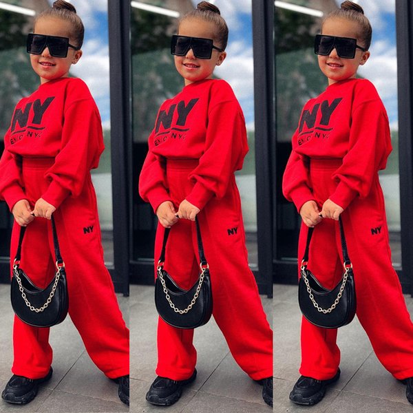 Children's Clothing 2023 Autumn/winter Sweater Letter Sports Wide Leg Pants Set
