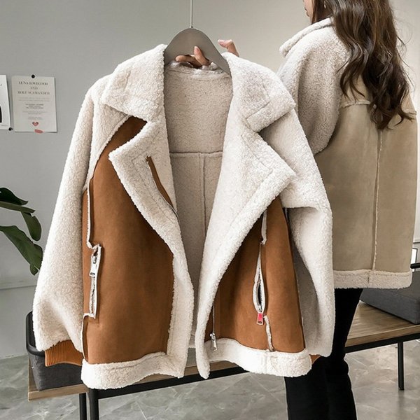 Women's Clothing New Coat Women's All-Match Loose Leather Suede Short Lambskin Biker Jacket-image