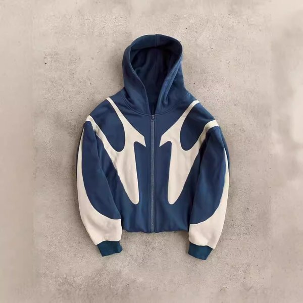 Gothic Y2K Streetwear Hooded Zip-Up Jacket - Oversized Unisex Harajuku Style Pullover With Patchwork Design (Black, Grey, Blue, Green)