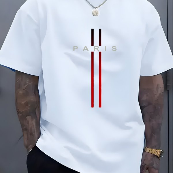 Summer Men's Clothing Cotton T-Shirt 200G Casual Loose Fit Crew Neck Short Sleeve Paris Alphabet Print-image