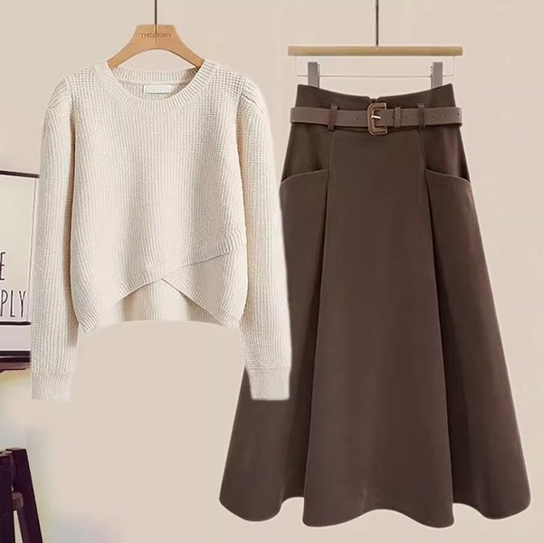 Women’S Clothing Autumn New Style Fashionable Temperament Age Reducing Knitted Top Slim Skirt Two Piece Suit-image