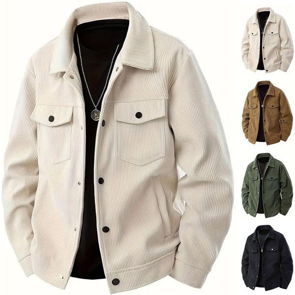 Men's Corduroy Jacket Single Breasted Casual Sports Fashion With Pocket Lapel Long Sleeved Shirt-image