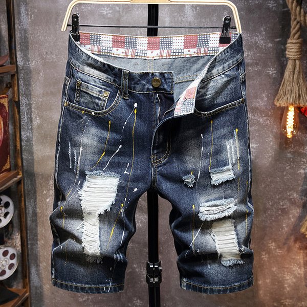 Men's summer new style ripped denim shorts, casual, personalized, straight, loose, five-point pants, trendy paint style