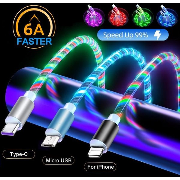6 Colors Flowing Glowing Light Cable Fast Charging Cables For Cell Phone For IPhone / Android Phone Type C