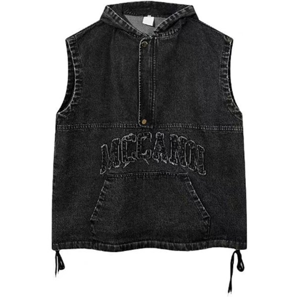 Men's Clothing Retro Letter Patch Washed Hooded Vest Men's Loose Bf Denim Jacket Vest Denim-image