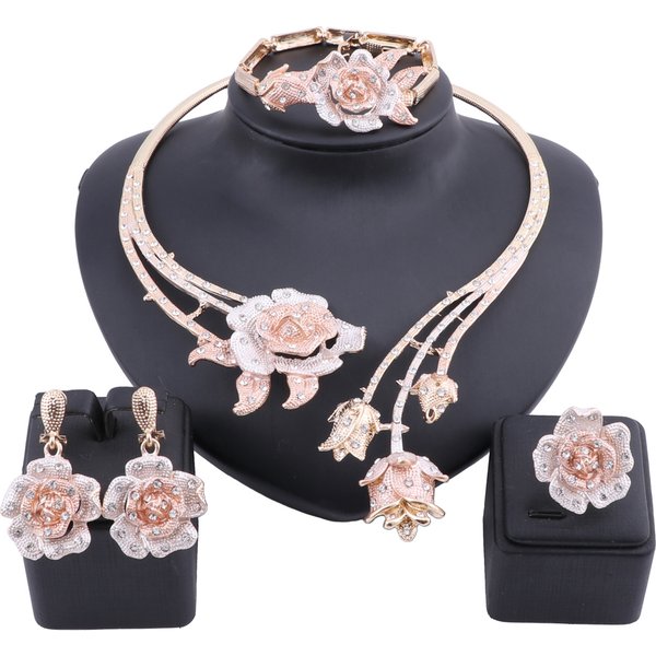 Wedding Bridal Accessories Gold Color Crystal Rose Flower Necklace Earrings Ring Bangle Women Statement Jewelry Set