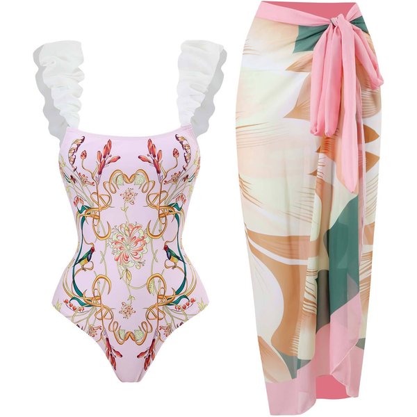 2023 New Fleece One Piece Women's Swimwear French Covering Belly Slim Swimwear Chiffon Beach Skirt-image