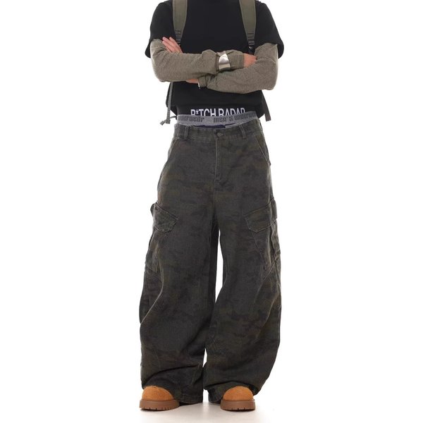 Men's Retro Camo Cargo Jeans - Military-Inspired Baggy Pants With Multi-Pockets, Straight Cut & Distressed Wash