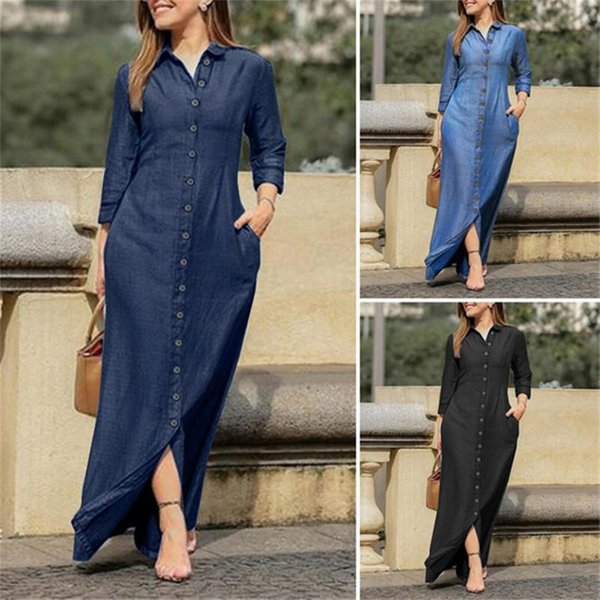 Women's Clothing, Elegant And Fashionable, Neutral Style, Long Sleeved Lapel Cardigan, Solid Color Long Denim Dress-image