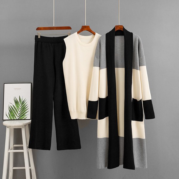 Women's Casual 3-Piece Outfit Set - Long Knit Sweater + Round Neck Vest + Wide-Leg Pants, Comfortable & Stylish Winter Coordinates-image