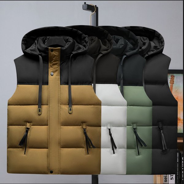 Men's Clothing Large Size Men's Cotton Vest Men's Live Hood Cotton Vest Color Matching Casual Cotton Cotton Waistcoat Printed Loug Tide-image