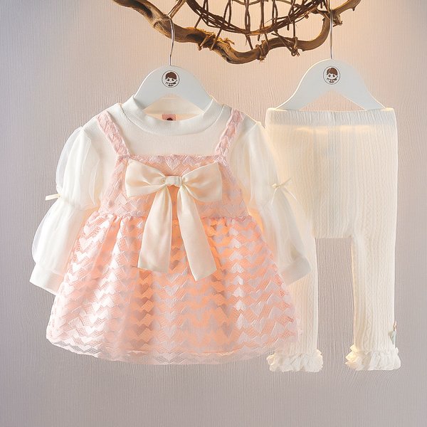 Children's Clothing Autumn Girls' Long Sleeve Fake Suspenders Dress Two-Piece Baby Girls' Autumn Puffy Sleeves-image
