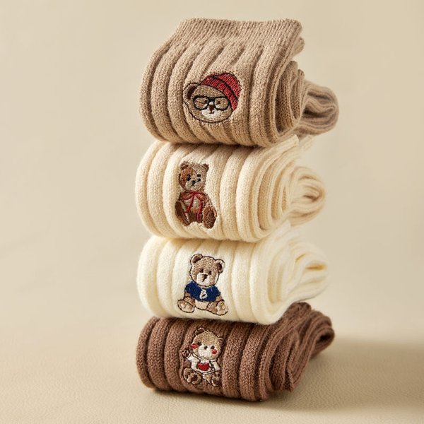 Women's Socks Socks Women's Thickened Mid-Tube Wool Socks Wholesale Women's Solid Color Cartoon Embroidered Pile Socks-image
