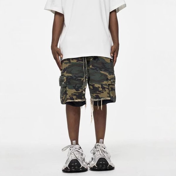 Men's Clothing High Street Washed Raw Edge Distressed Double Layer Retro Workwear Pocket Trendy Camouflage Shorts Summer Shorts Men's Trend-image