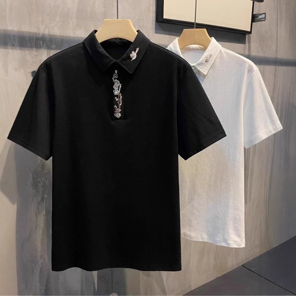Men's Slim Fit Polo Shirt Premium Embroidered Plum Blossom Design Breathable Polyester Short Sleeve Casual Top M-3XL-image