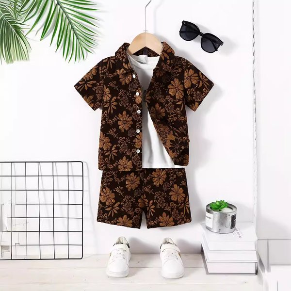 Kid's Clothing 2-Pack Boys Teen Floral Jacquard Short Sleeve Shirt & Elastic Waist Casual Shorts