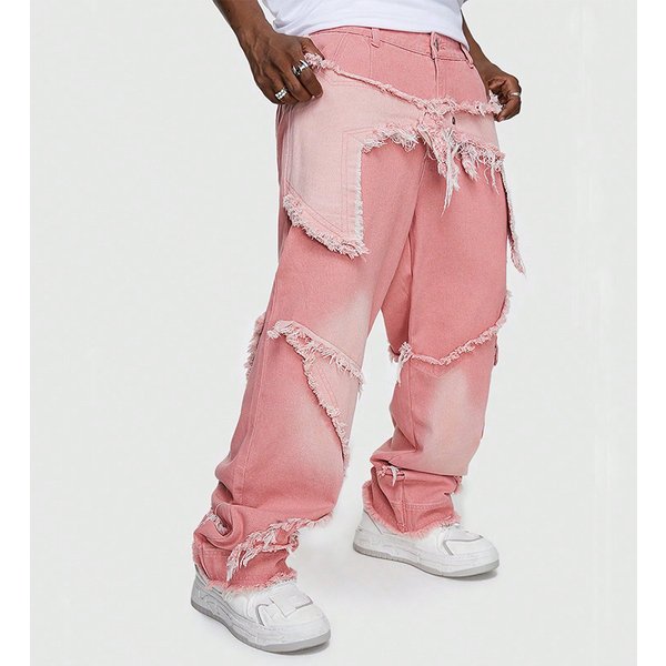 Men's Clothing Vibe Style High-Grade Stitching Pink Jeans Hip-Hop Workwear Wide-Leg Tencel Jeans For Men-image