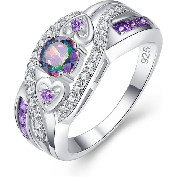 Cao Shi heart-shaped amethyst ring color zircon plated white gold and silver ring hand jewelry
