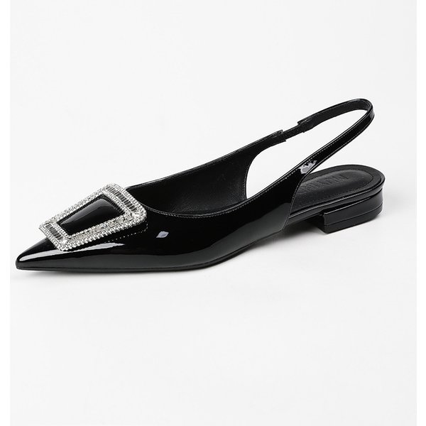 Women's shoes black pointed rhinestone square buckle back empty line with a flat shoe