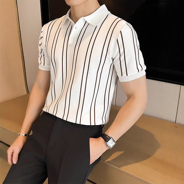 Men's Slim Fit Ice Silk Knit T-Shirt Striped Collar Short Sleeve Fashionable Summer Polo Casual One-Piece Polyester Top-image