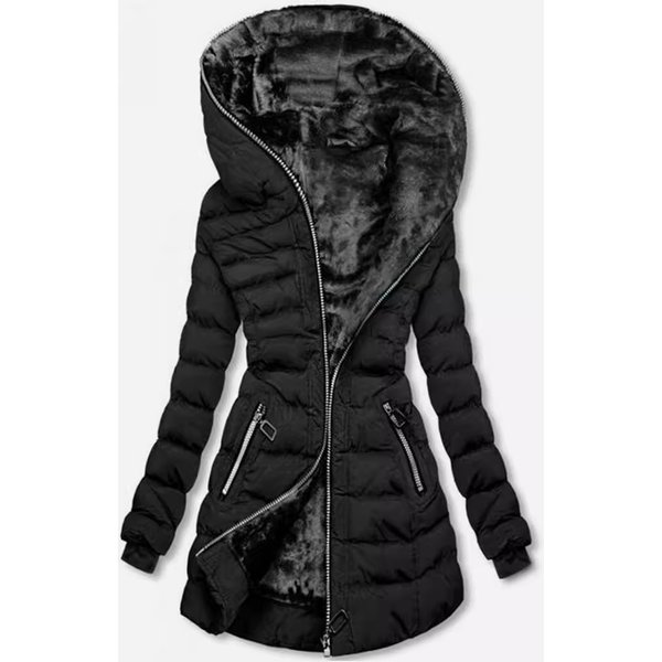 Women's Hooded Long Sleeve Plus Velvet Cotton Winter Mid Length Zipper Jacket-image