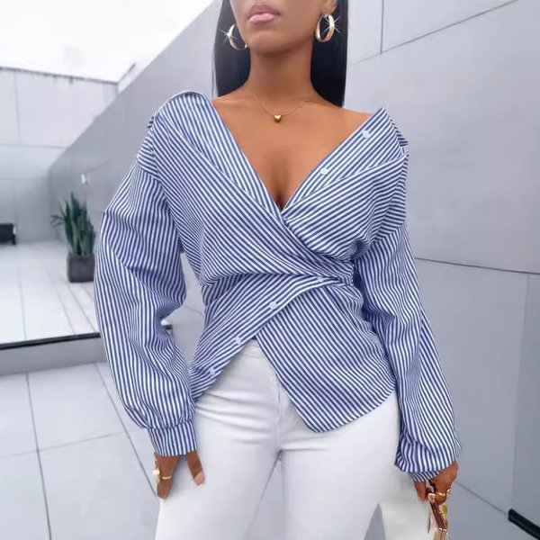 Women's Clothing Spring And Summer Fashion Sexy Versatile Striped Long Sleeved Shirt-image