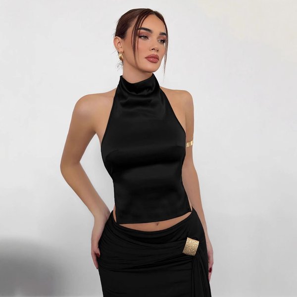 Women's Slim Fit Halter Neck Top Sexy Backless High Neck Versatile Fashionable Solid Color European And American Style New
